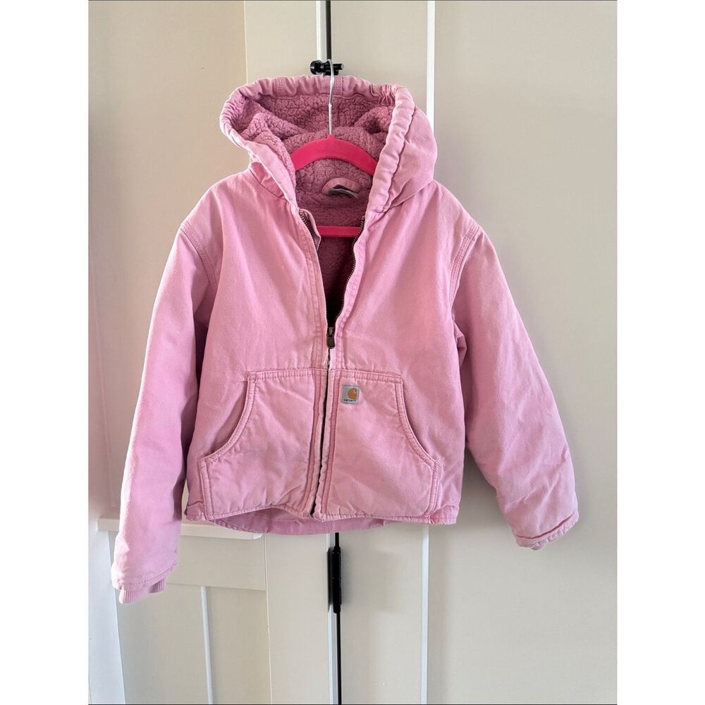 Carhartt Pink Canvas Cotton Hooded Sherpa-Lined Jacket Zipper Up Girl’s XS (8)